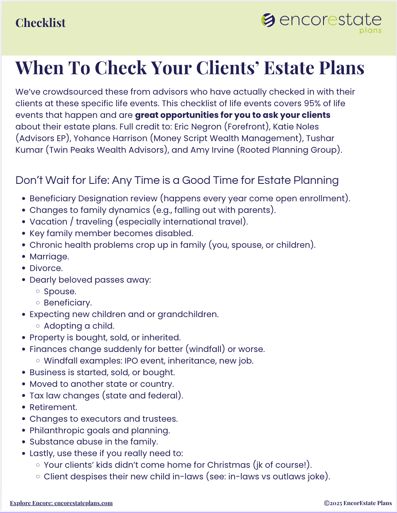 EncorEstate Plans Checklist of When to Check with Clients About Their Estate Plans