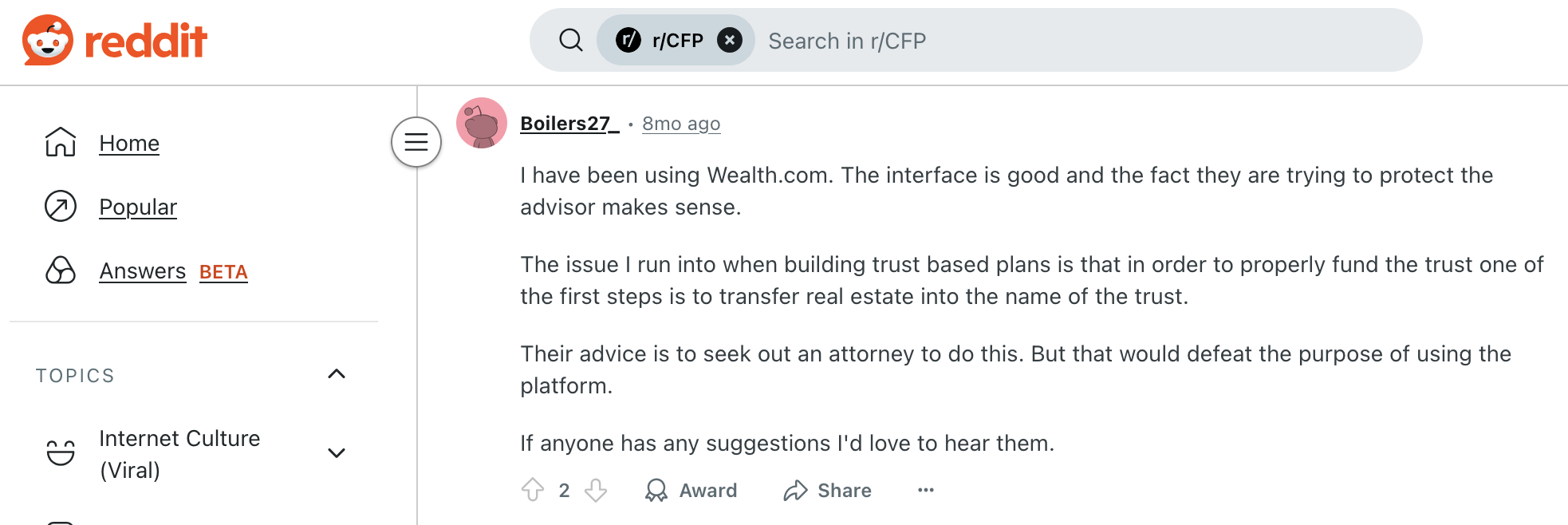 Wealth.com estate attorney referral for trust funding defeats the purpose of using the Wealth.com platform