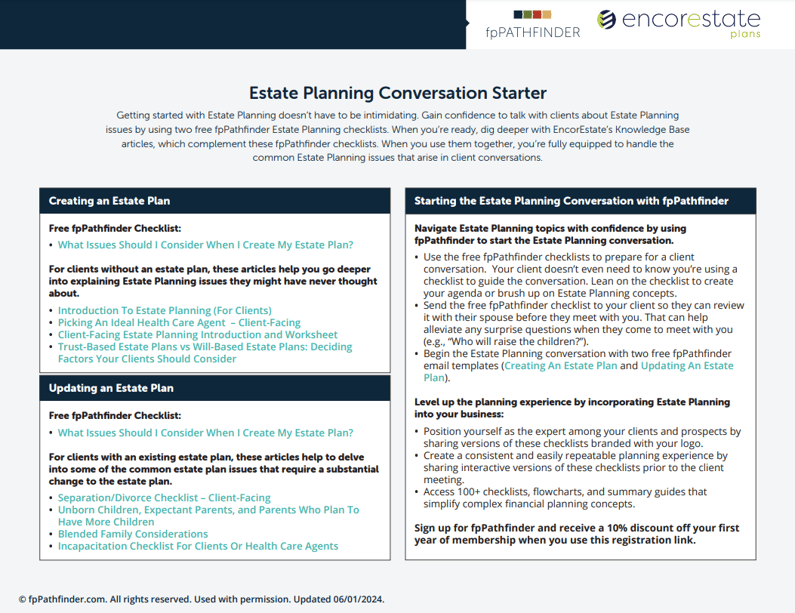 fpPathfinder and EncorEstate Plans Estate Planning Conversation Starter